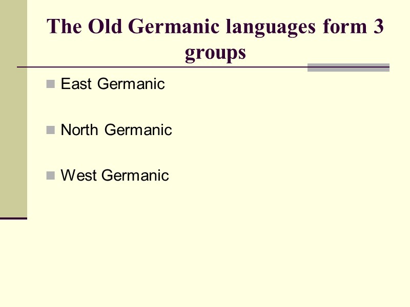 The Old Germanic languages form 3 groups East Germanic North Germanic The Old Germanic languages form 3 groups East Germanic North Germanic